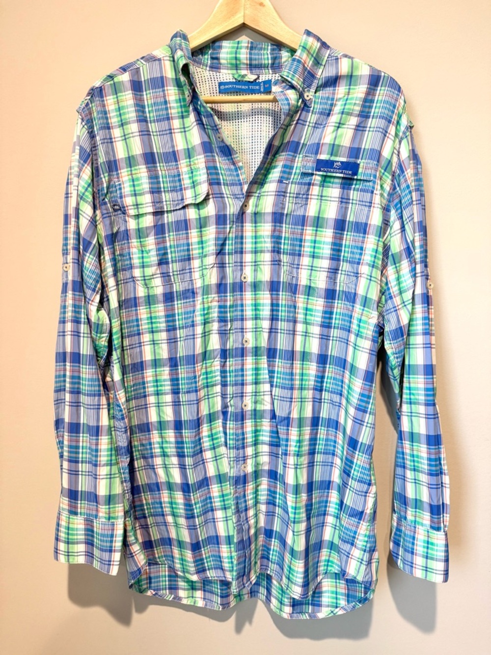 Southern Tide Green & Blue Plaid Long-Sleeve Button-Down Fishing Summer Shirt